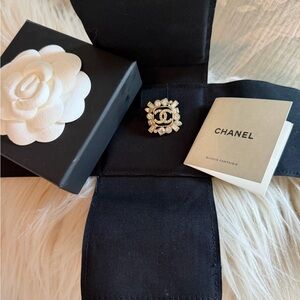 CHANEL Gold-Tone CC Logo Brooch with Black Enamel and Crystal Accents